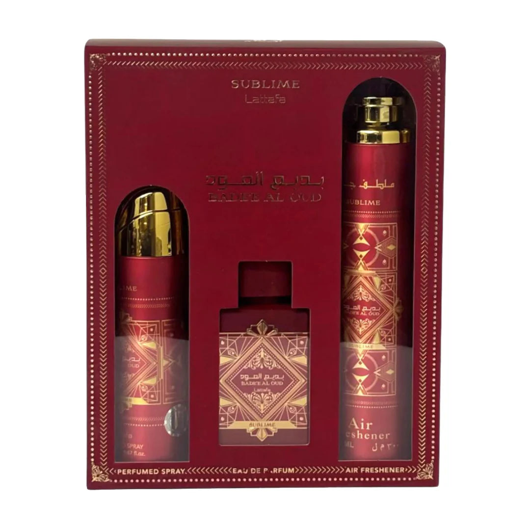 Red and gold perfume set with 'SUBLIME' branding on a white background