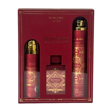 Red and gold perfume set with 'SUBLIME' branding on a white background
