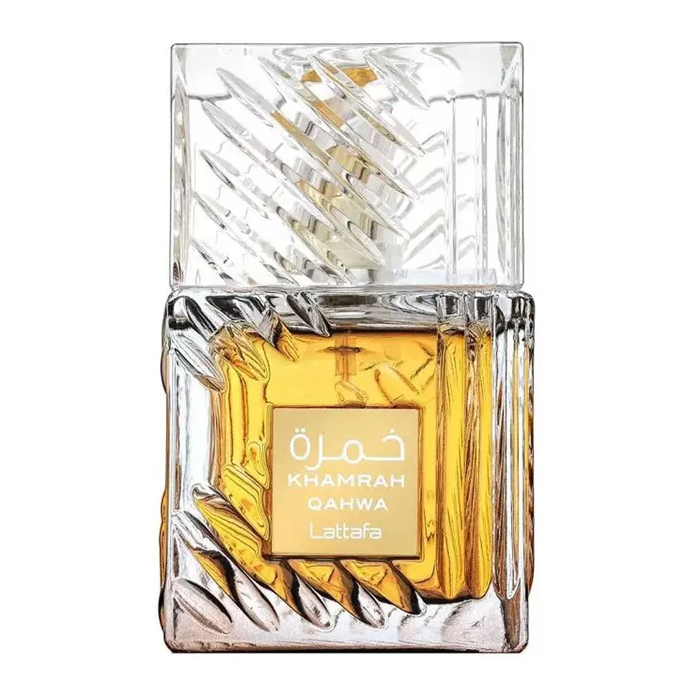 Perfume bottle with gold liquid and 'Khamrah Qahwa' label on a white background