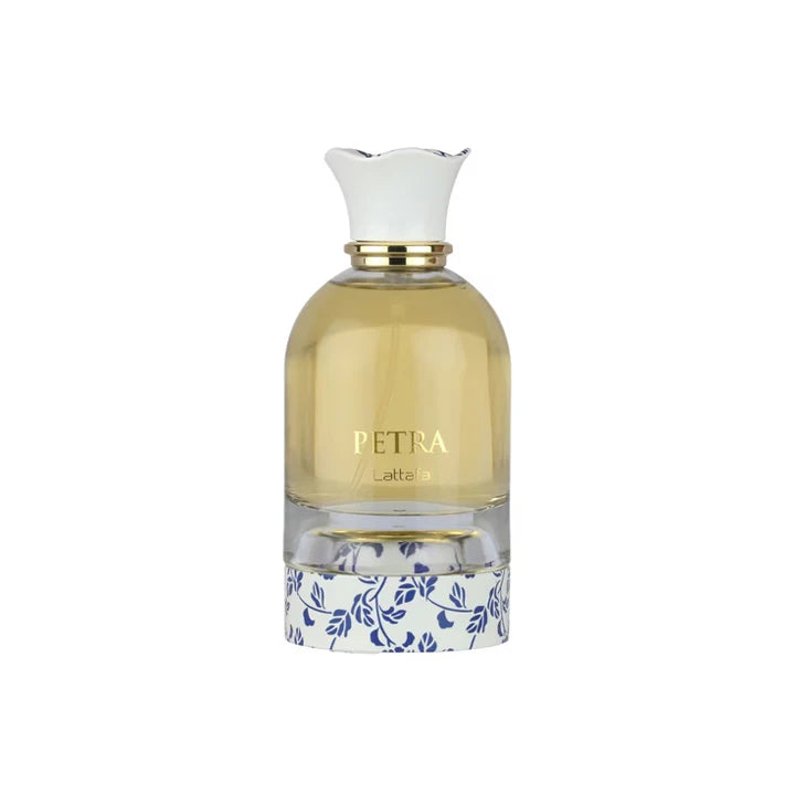 Perfume bottle labeled 'Petra' on a white background
