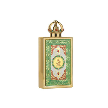 Decorative perfume bottle with intricate design on a white background