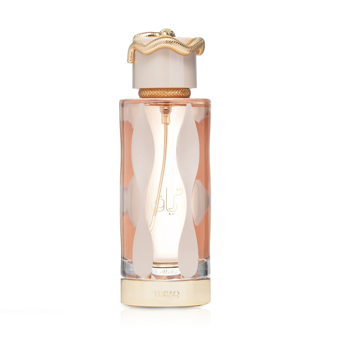 Perfume bottle with gold cap and base on a white background