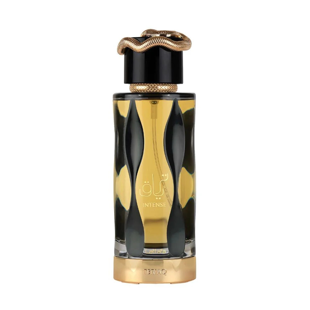 Perfume bottle with black and gold design on a white background