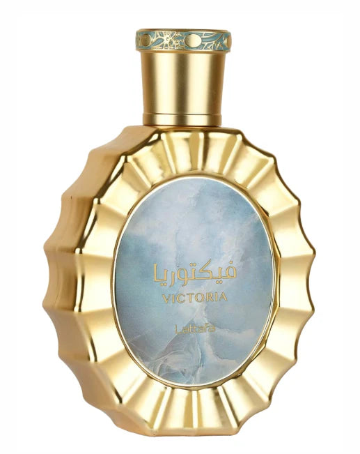 Gold perfume bottle with 'Victoria' label on a white background