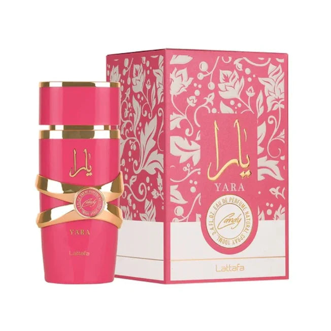 Pink and gold bottle with 'Yara' branding on a white background