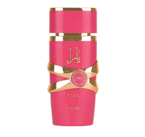 Pink and gold bottle with 'Yara' branding on a white background