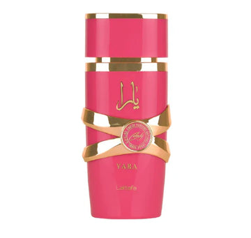 Pink and gold bottle with 'Yara' branding on a white background