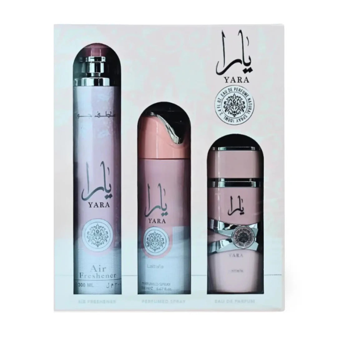 Yara perfume set with three bottles in a box on a white background