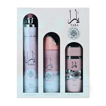 Yara perfume set with three bottles in a box on a white background