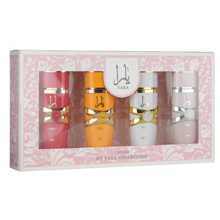 Set of Yara lipsticks in a decorative box with pink and white design