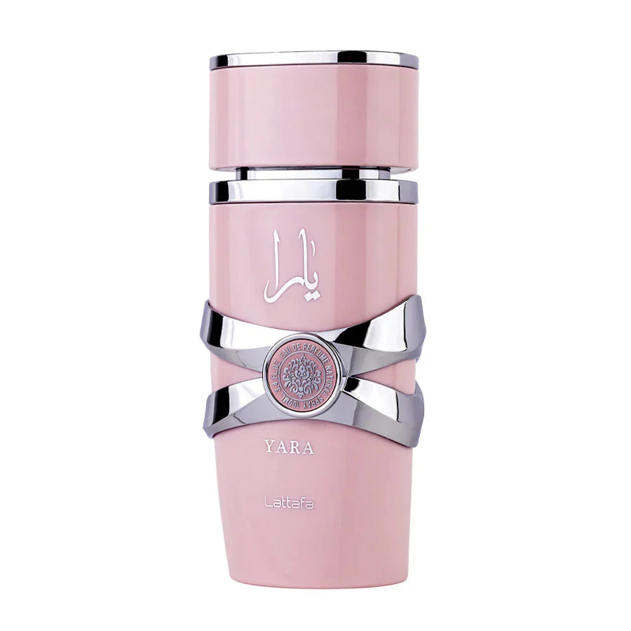 Pink perfume bottle with silver accents on a white background