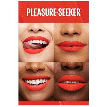 Model wearing burnt orange matte lipstick with flawless, full-lip coverage

