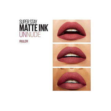 Flat lay showing a collection of SuperStay Matte Ink lipsticks in various shades on a neutral background

