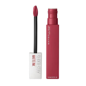 Model wearing rich burgundy SuperStay Matte Ink lipstick with flawless matte finish

