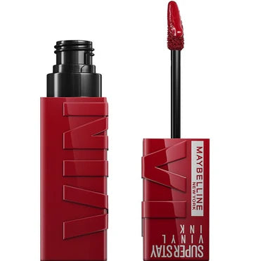 “Maybelline Super Stay Vinyl Ink lipstick in shade 10 Lippy with bold pink-red swatch on white background”

