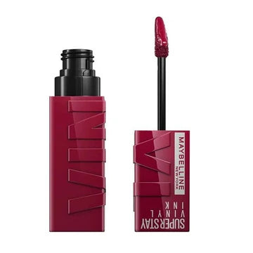 "Super Stay Vinyl Ink lipstick in nude shade with high-shine swatch on lips"

