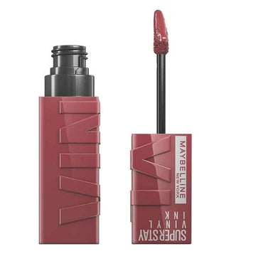 “Close-up of Maybelline Super Stay Vinyl Ink lipstick in shade 40 Witty with rich mauve pigment and glossy finish”

