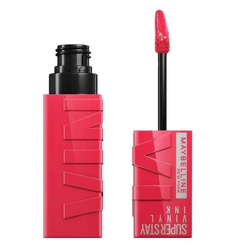 Maybelline Super Stay Vinyl Ink Liquid Lipstick in a vibrant red shade with applicator displayed

