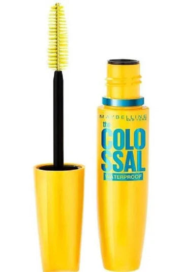 “Maybelline The Colossal Waterproof Mascara in black with Mega Brush and sleek yellow tube”

