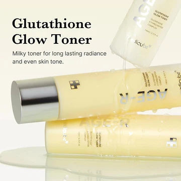 Glutathione Glow Toner with product packaging and text on a white background