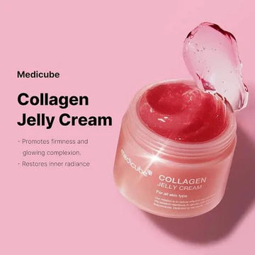 Minimalist flat-lay of collagen jelly cream surrounded by natural skincare ingredients.

