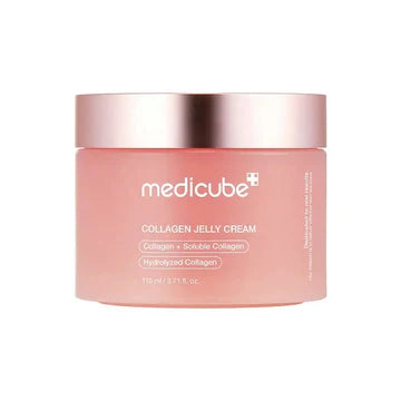 Minimalist flat-lay of collagen jelly cream surrounded by natural skincare ingredients.

