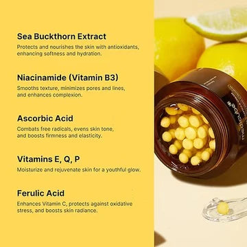 Cosmetic jar with yellow capsules on a yellow background with text about skincare ingredients.