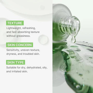 Product bottle with green liquid being poured, accompanied by text about texture, skin concerns, and skin type suitability.