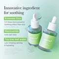 Two skincare serum bottles with droppers on a light green background, featuring text about their ingredients.