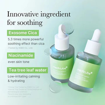 Two skincare serum bottles with droppers on a light green background, featuring text about their ingredients.