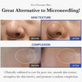 Before and after comparison of skin texture and complexion with text highlighting benefits.