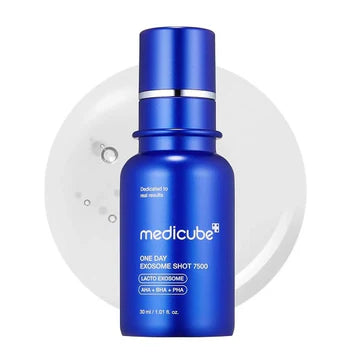 Blue skincare serum bottle with 'medicube' branding on a white background