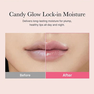 Lip balm packaging with 'Candy Glow Lock-in Moisture' text and 'Before' and 'After' comparison on a beige background.