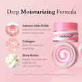 Lip balm with ingredients and benefits on a pink background