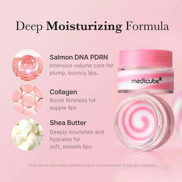 Lip balm with ingredients and benefits on a pink background
