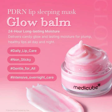 Pink lip sleeping mask with text on a pink background