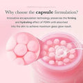 Close-up of salmon PDRN capsules and clear gel on a skincare tray.

