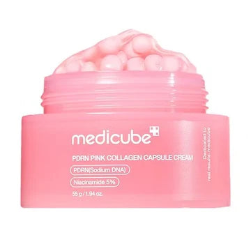 Pink jar of Medicube PDRN Pink Collagen Capsule Cream on a white background