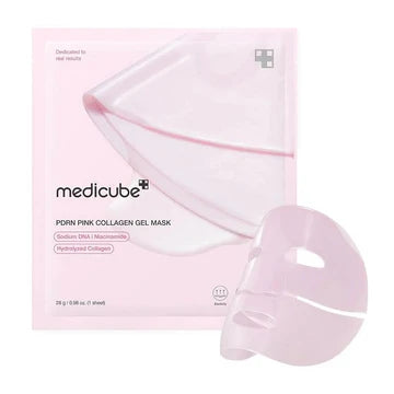 Pink collagen gel mask with packaging on a white background