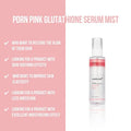 PDRN Pink Glutathione Serum Mist with product details on a pink and white background