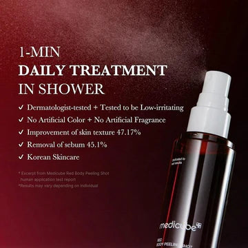 Medicube Red Body Peeling Spot Cleanser bottle on a red background