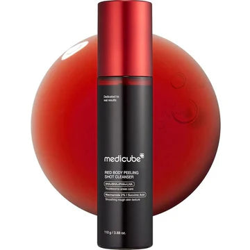 Medicube Red Body Peeling Spot Cleanser bottle on a red background