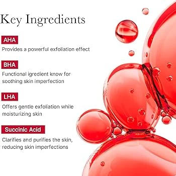 Key ingredients of skincare products with red bubbles on a white background