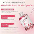 Facial serum bottle with product details on a pink background
