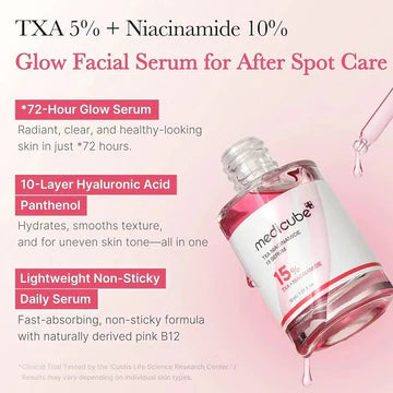 Facial serum bottle with product details on a pink background