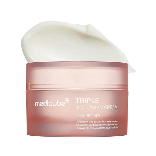 Medicube Triple Collagen Cream jar with cream on top on a white background