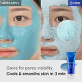Before and after application of a face mask with product packaging displayed.