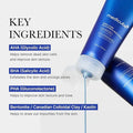 Blue skincare product with key ingredients listed on a white background