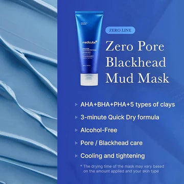 Blue tube of Zero Pore Blackhead Mud Mask with text on a blue background