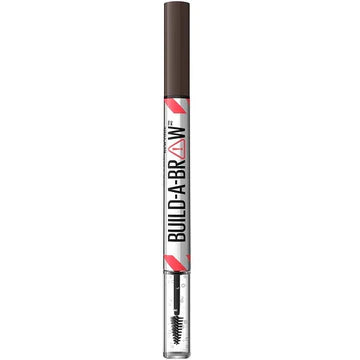 “Maybelline Build-A-Brow 2-in-1 pen and gel in Deep Brown shown with open tip and sleek packaging”

